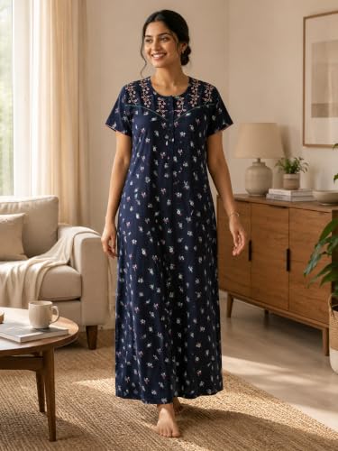 Image of 9shines Label Stylish Bamboo Cotton Nighty Maxi for Women | Full Length Trendy Nightgown | Premium Nightdress | Nightwear | Embroidery Nighty with Pocket (9666)