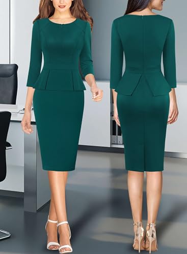 Image of VFSHOW Womens Wear to Work Front Zipper V Neck Peplum Business Office Church Flattering Pencil Sheath Dress