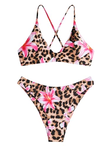 Image of ZAFUL Women's Tie Back Padded High Cut Bralette Bikini Set Two Piece Swimsuit