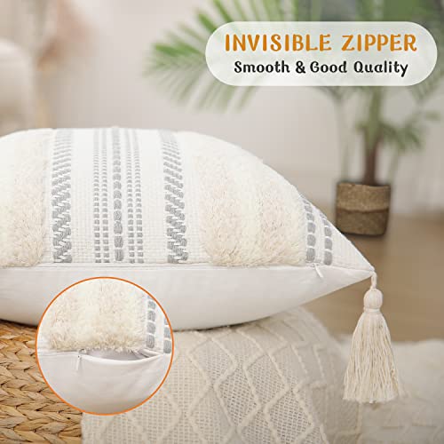 Decoruhome Decorative Boho Throw Pillow Covers 18X18 Set Of 2, Lumbar Accent Neutral Tufted Pillow Covers For Couch Bed Sofa Living Room, Textured Striped Woven Pillow Covers, Beige And Cream White #TOP3