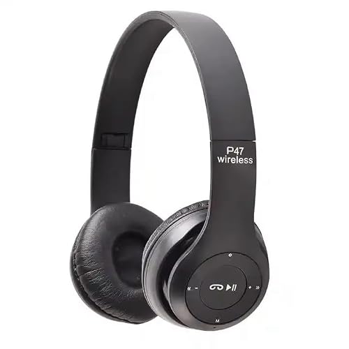WEBDARAZ P47 Wireless Headphones, Over-Ear Design, Blue and Gray, Plastic Construction with LED Lights, Surround Sound, Gaming and School Use, Push Button Controls (Black)