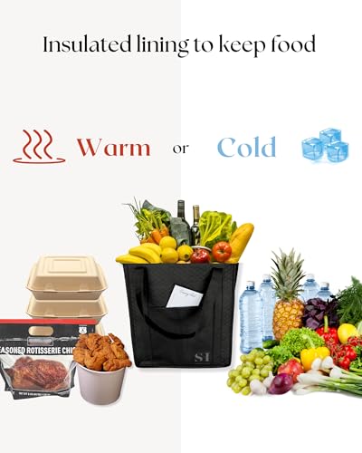 Serene Homes Black Insulated Grocery Bags, 4 Pack Reusable Shopping Bags with Zippered Top for Groceries & Food Delivery