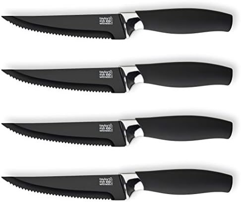 Taylors Eye Witness Brooklyn Black Serrated Steak Knife Set - 4 PCE. Corrosion Free, Easy Clean, Anti-Bacterial, Hard Ceramic Coated Blade. Chrome Plated Bolster. Soft Grip Handle. 2 Year Guarantee.