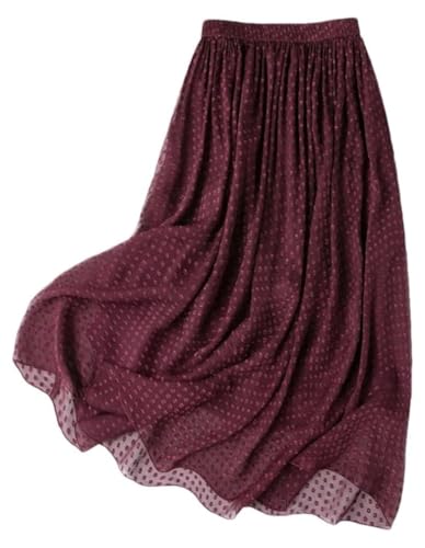 Women's Silk Tulle Midi A-Line Skirt with Elastic Waist for Office Party Vacation Wear