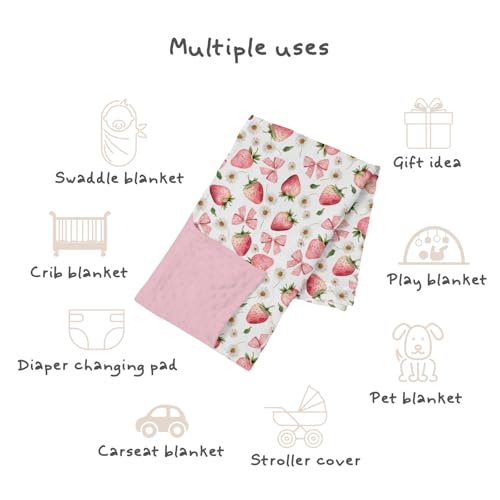Image of Pink Baby Blankets for Girls 30 inch x 40 inch, Soft Double Layer Minky Blanket with Dotted Fleece Back, Nursery Bed Receiving Quilt for Newborn Infant Toddler Shower Gift Strawberry Bow Daisy Theme