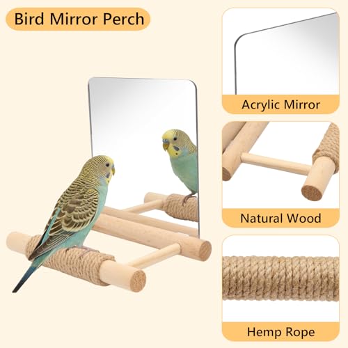 Image of Litewoo 6.7 inch Bird Mirror for Cage Wooden Hanging Parrot Perch Swing Toy | Acrylic mirror with wooden stand, hemp rope for foot care, reduces bird loneliness, for parakeet /budgie /cockatiel /lovebird