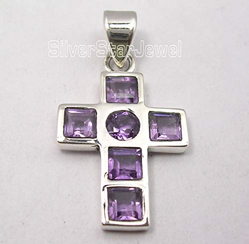Solid Sterling Silver Purple Amethyst Cross Pendant 3 cm 2.8 Grams2