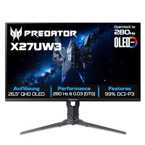 Acer Predator X27U W3 Gaming Monitor 26.5 Zoll (69 cm Bildschirm) WQHD, QD-OLED, 240Hz, 0.03ms (GTG), 2xHDMI 2.1, 1xDP 1.4, FreeSync Premium Pro, HDR, höhenverstellbar, drehbar (Pivot), Delta E