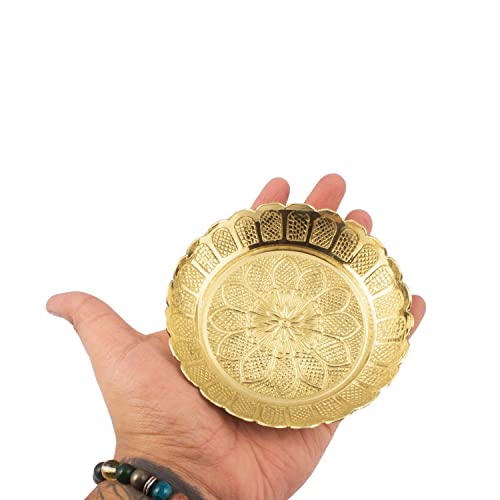 Image of Klassic Small Brass Puja Thali /Bhog Thali for Mandir with Flower Engraved Design for Home & Temple Decoration & Gifting (Gold, 4 Inch, Pack of 4)
