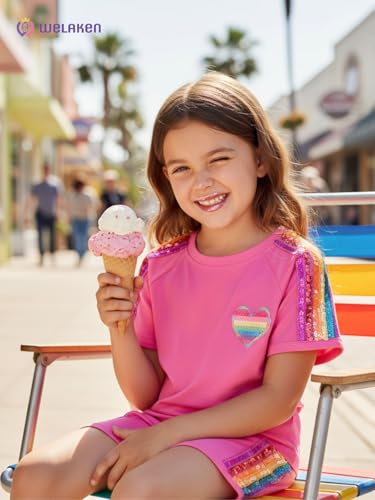 Image of WELAKEN Girls 2 Piece Outfit Kid Toddler Heart & Rainbow Sequin Striped T-shirt and Shorts Clothing Set