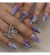 Blue Press on Nails Medium Almond Fake Nails with Design Stars Butterfly False Nails Medium Lengt...