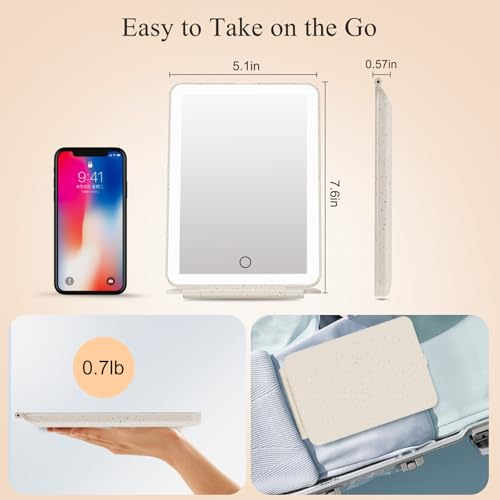 Image of FUNTOUCH Rechargeable Travel Makeup Mirror with 72 Led Lights, Portable Lighted Makeup Mirror, 3 Color Lighting, Dimmable Touch Screen, Type C, Tabletop LED Folding Cosmetic Vanity Mirror