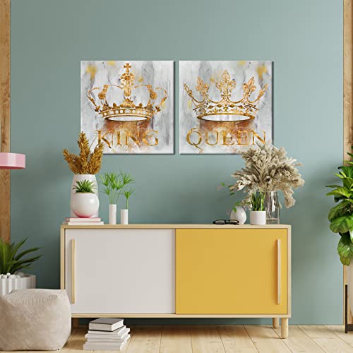 Sechars King And Queen Canvas Wall Art Crown Painting Prints Gold And Grey Bedroom Decoration Couples Annivesary Wedding Gifts 24“X24 X2Pcs #TOP4