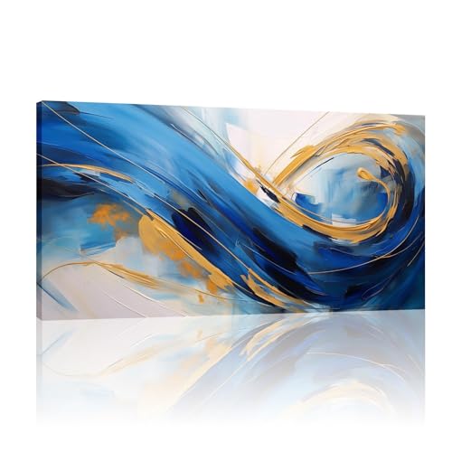 Impression sur toile abstraite et grand tableau bleu et or encadré 61x122 cm