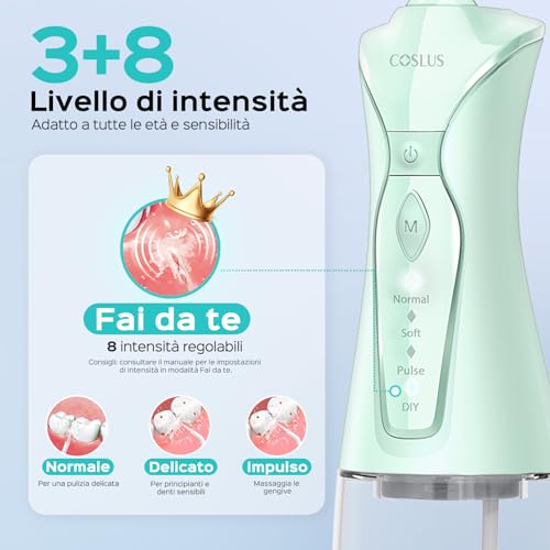 Coslus Idropulsore Dentale Portatile: 300Ml Irrigatore Orale Senza Fili, 4 Modalità Idropulsore Dentale, Vincitore Del Test 30 Giorni, Facile Da Usare, IPX7 Impermeabile, Verde - 3