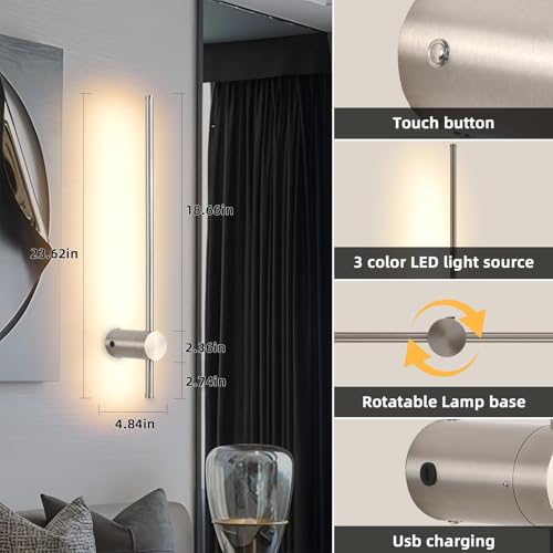 Image of Battery Operated Wall Sconces with Remote, Dimmable 3000K-6000K /Timer /Memory LED Wall Lamp, 350Rotate, USB Rechargeable Wireless wall lights for Living Room, Bedroom Brushed Nickel 23.6 inch(2 Pack)