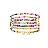 TINGN 5 piezas de pulseras de cuentas con iniciales coloridas para niñas y mujeres - Linda pulsera elástica con inicial en forma de corazón, pulsera de cuentas estilo bohemio apilable, regalo de