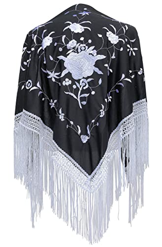 La Senorita Spanish Flamenco Dance Shawl black with white flowers and Fringes