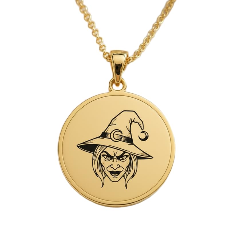 Collier sorcière argent 925 plaqué or pendentif rond gravé chaîne 45cm mixte