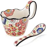 ELFULLY 15oz Microwavable Soup Bowl with Loop Handle, Handpainted Ceramic Cereal Bowl with Spoon, Decorative Floral Soup Mug with Wide Handle for Oatmeal Holding Ice Cream Stew Snacks, Glazed Red