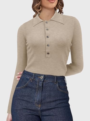 Camisetas de manga larga para mujer ajustadas básicas de punto elástico con cuello polo de botones 5