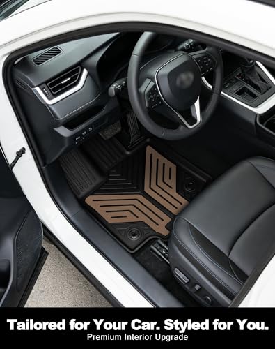 Image of Premium Color TPE Floor Mats Custom Fit for Toyota RAV4 2019-2025 (Only for Hybrid)| Saddle Brown Wing Design | All-Weather Heavy Duty Car Floor Liners Full Set 1st & 2nd Row
