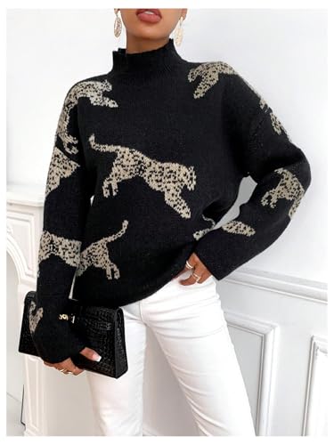 WDIRARA Women's Leopard Tiger Print Sweater High Neck Long Sleeve Fuzzy Knitted Pullover Top4