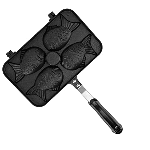 Sartén para hacer gofres Taiyaki con mango negro, diseño ergonómico, para reuniones en interiores y exteriores