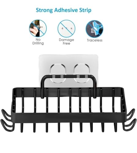 Image of Strong Self Adhesive Wall Mounted Bath Soap Holder with 4 Hooks for Bathroom Kitchen Wash Basin, 304 Stainless Steel, Waterproof, RustProof, Quick Drying (3, Black)