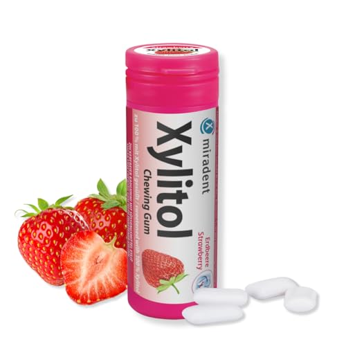 miradent Xylitol Zahnpflegekaugummi Erdbeere Dose 30 Stück (1 x 30 g) | fruchtiger Geschmack | zuckerfrei | vegan | kariespräventiv| für unterwegs