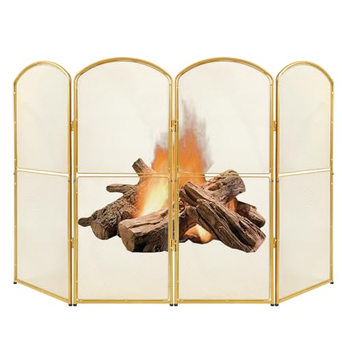 SHINOSKE 4-Panel Fireplace Screen Gold,47.8" W x 31" H Mesh