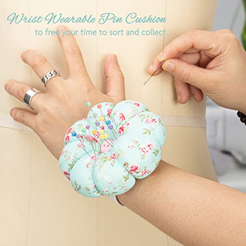 Neoviva Pincushions For Sewing With Wristband, Cute Wrist Pin Cushion For Daily Needlework, Style Pumpkin, Pack Of 2, Floral Blue Ocean #TOP3