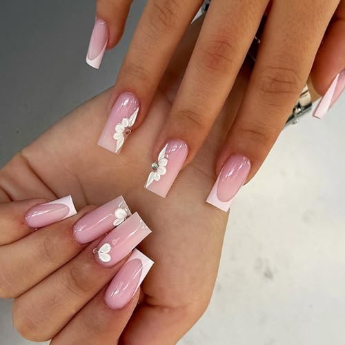 24 uñas postizas cuadradas largas con diseño de flores, uñas postizas con patrón de punta francesa, manicura brillante