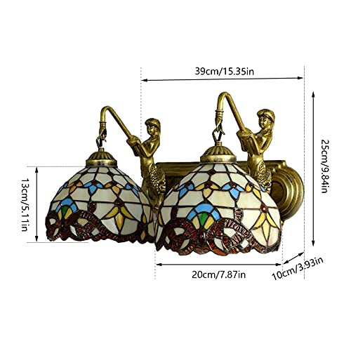 Image of Wall Sconce Vintage Style Stained Glass Bowl Wall Fixtures 2-Light Wall Light in Antique Brass with Mermaid for Bedroom Hallway Stairway Balcony