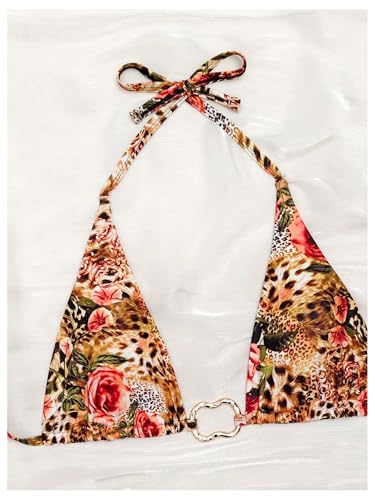WDIRARA Women's Plus Size 2 Piece Leopard Floral Bikini Sets Ring Linked Triangle Halter Bathing Suit Tie Back Swimsuits4