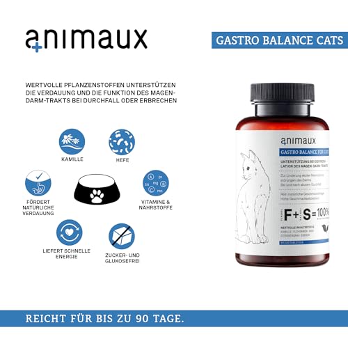 animaux Gastro Balance for Cats – 90 Kautabletten – Diät-Ergänzungsfuttermittel für Katzen, für Magen-Darm-Trakt, Verdauung, bei Durchfall, Verstopfung & Blähungen, mit Probiotika