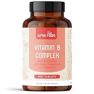 Vitamin B Complex | 400 High Strength Vegan Tablets (1 Year+ Supply) | All 8 B Vitamins B1-B2-B5-B6-B12, Biotin, Folic Acid, VIT C & D3 | Energy Boost & Immune Support | Alpha Foods