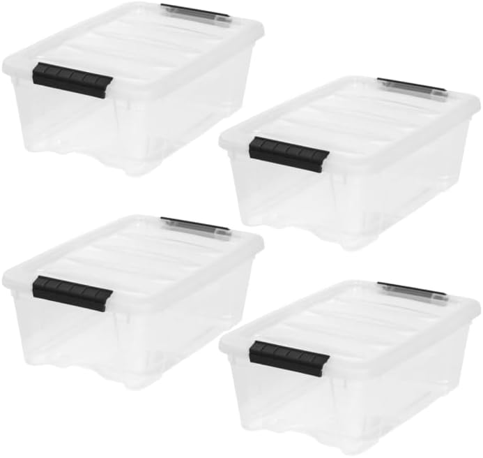 Plastic Storage Containers with Lids - Clear Stackable Storage Bins for Organizing Home, Office, and Closet - Durable Latching Boxes for Secure Storage (4 Pack)
