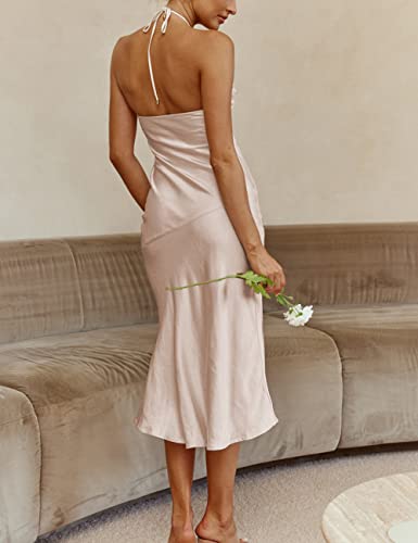 Image of VUBIYA Women's Summer Satin Strapless Slit Halter Midi Dress Wedding Guest