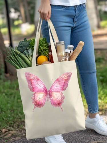 Canvas Tote Bag Fantasy Pink Butterfly Reusable Grocery Shopping Bag,Shoulder Tote Bags for Women Vacation Travel Work Gym4