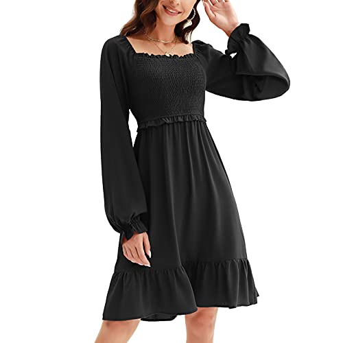 Women Long Lantern Sleeve Square Neck Ruffle Dress Elastic Bust A-Line Midi Dress Black M