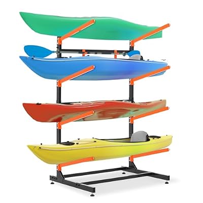 UOKRR 4 Kayak Storage Rack, Freestanding Kayak Racks for Garage, Heavy Duty Adjustable Kayak Stand Indoor Outdoor Storage Rack for Kayaks, Canoes, Surfboard & Paddleboard (4 Levels with paddle hook)