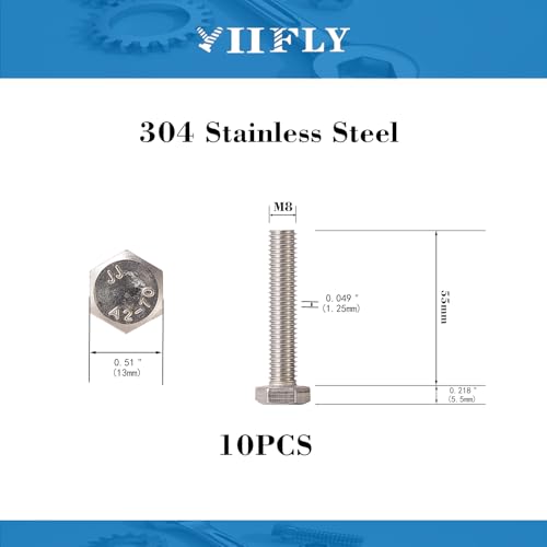 Image of M8x1.25 x 55mm Hex Head Screws Bolts, 304 Stainless Steel (A2-70), Bright Finish, Fully Threaded, Hexagon Head Bolts, Quantity 10
