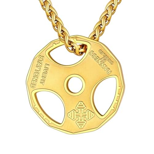 U7 Men Women Fitness Dumbbell Necklace Stainless Steel Weight Plate Barbell Chain Pendant Necklace,Chain 22"+2" Extender, with Gift Box A.Weight Plate