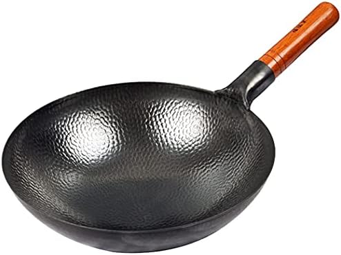 Carbon Steel Wok, Profession Chinese Traditional Hand Hammered Carbon Steel Pow Wok with Premium Elm Handle, Uncoated Non-Stick Pan,38cm/15inch ()
