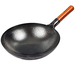 Carbon Steel Wok, Profession Chinese Traditional Hand Hammered Carbon Steel Pow Wok with Premium Elm Handle, Uncoated Non-Stick Pan,36cm/14.2inch