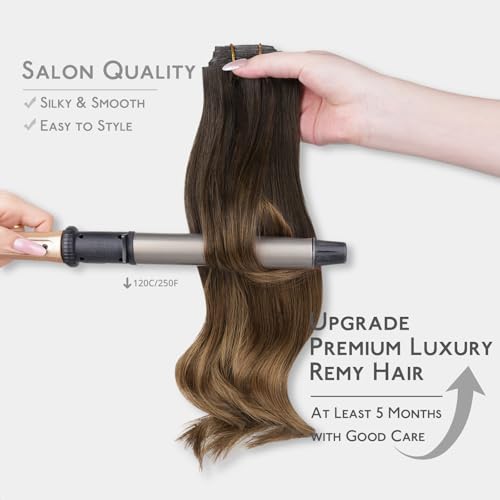 Image of WENNALIFE Invisible Edge Seamless Clip in Hair Extensions Real Human Hair | 22'' 150g 7pcs Balayage Chocolate Brown to Caramel Blonde. Thin PU Weft, Easy, Comfortable Clip in Remy Hair Extensions