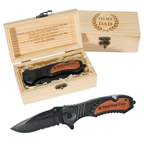 IUZOE To My Dad Gift Engraved Pocket Knife with Wooden Gift Box Fathers Day Birthday Christmas Gift for Dad from Son Daughter