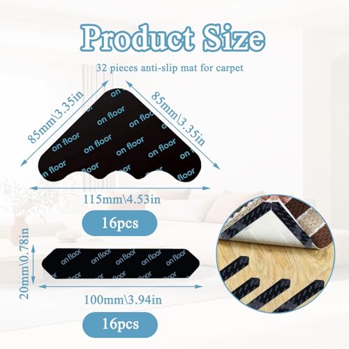32 Stück Teppich Antirutschunterlage, Doppelseitiges Antirutschmatte für Teppich, Antirutsch Pads Waschbare und Wiederverwendbare, 16 Dreieckform & 16 Streifenform Selbstklebendes Teppichstopper