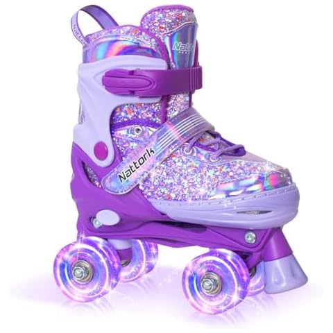 Nattork Kids Roller Skates for Girls Boys Kids, 4 Sizes Adjustable Fluorescent Quad Skates with Light up Wheels - Cool Birthday Gift for Indoor Outdoor Sports Cover